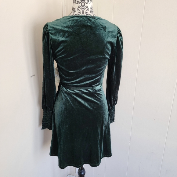 Altar'd State Emerald Green Velvet Long Sleeve Wrap Dress - Picture 2 of 3